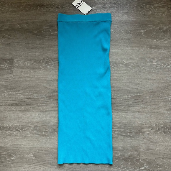 3 piece Matching Set - Ribbed Blue Cardigan Midi Pencil Skirt Crop Top - Picture 15 of 16